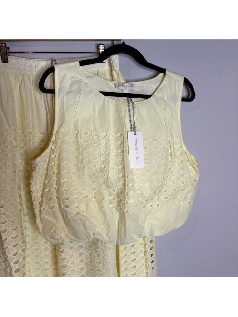 Sleeveless Embroidered Eyelet Crop Top and skirt set - Butter Yellow
